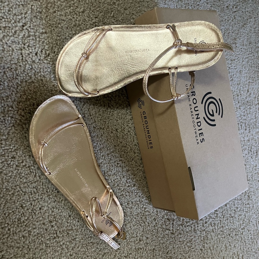Groundies gold sandals size 7.5 US women’s or 38 EU, lightly worn